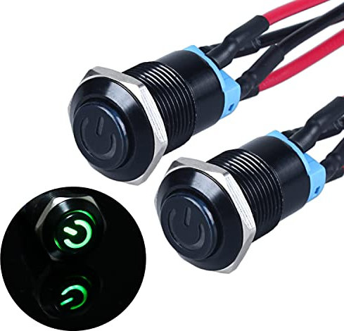 JIQI 2× 12mm Rastend wasserdicht Druckschalter 12V bis 24V 2A IP66 Latching Push Button mit LED Power Symbol einrastend EIN/AUS Schalter aus Metall schwarz Drucktastenschalter (hoher Kopf, Grün)