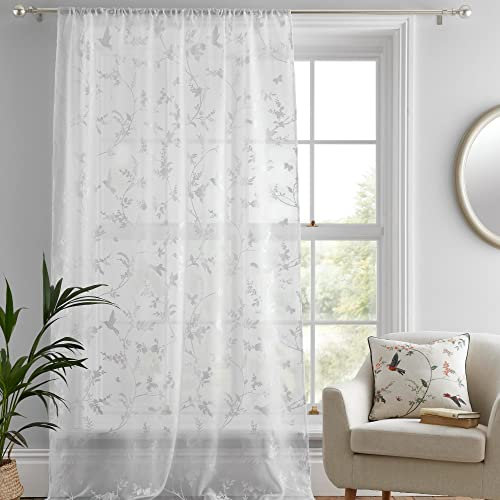 Dreams & Drapes - Single Net Curtain for Windows W55 x L90 (140 x 228cm) - Voile Curtain for Bedroom/Living Room - Floral & Leaf Voile Sheer Curtain - White Floral Sheer Curtain - Darnley Collection