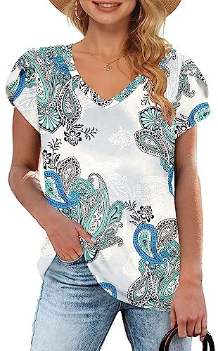 WNEEDU T-Shirt Damen Sommer V Ausschnitt Kurzarm T Shirts Tops Basic Oberteile Boho Grün Weiß M