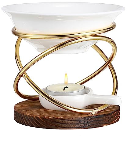 BSTKEY Quemador de cera de madera de metal con cuenco de cerámica, difusor de aroma decorativo, quemador de cera para velas de té (forma de X, dorado)