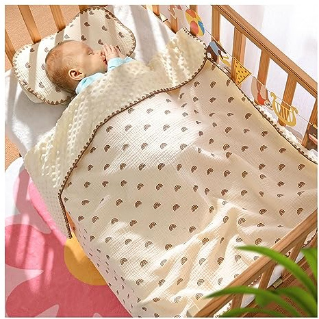 Babydecke, Atmungsaktiv, Niedliches Gepunktetes Muster, Baby-Kühldecke, Weich, für Kindergarten, für Schlafzimmer, Krepp-Baumwollgarn und Gepunkteter Plüsch, Regenbogen