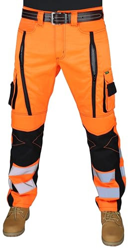 RAK Mens Work Trousers Safety Pants Hi Viz Tape Front Large Zipper for Air Ventilation Cordura Knee Pad Pockets Triple Stitched Multi Pockets with Extra Tools Holder (HV3FZ-OR1, 32W X 34L)