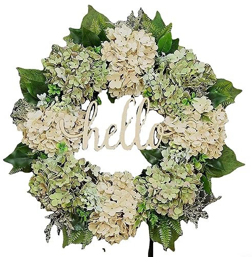 Front Door Wreath, 40cm Artificial Green Hydrangea Wreath Hello Front Door Wall Background Decoration