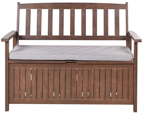 Beliani Gartenbank Dunkles Akazienholz mit Stauraum Auflage grau 120cm Sovana