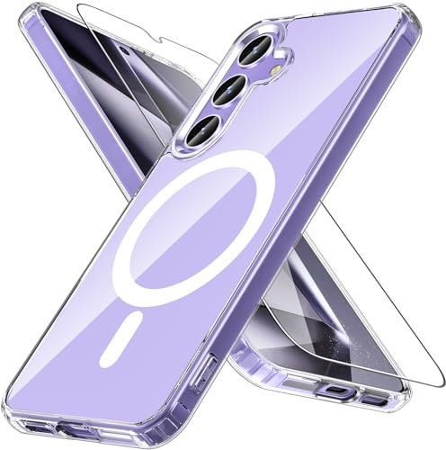 Hensinple für Samsung Galaxy S25/S24 Hülle für Magsafe mit Panzer Schutz Glas,Magnetisch Handyhülle Samsung S25/S24 Stoßfest Schutz Dünn Transparent Outdoor Schutzhülle Case für S25/S24 Klar