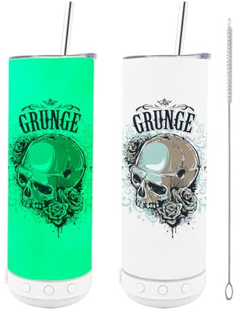 ZREGGUR Trinkbecher mit Sublimationsdruck, Musik-Lautsprecher, blanko, weiß mit leuchtendem Grün, 1 Packung, gerader Musikbecher mit Strohhalm, Deckel, Strohhalmbürste, wiederverwendbare