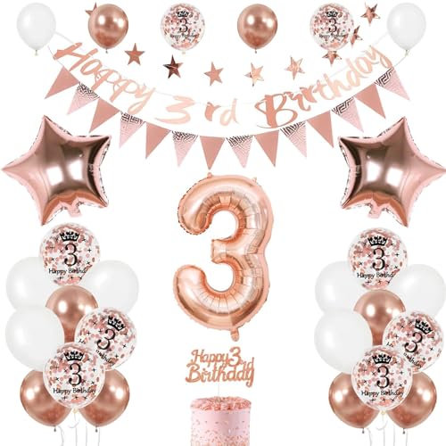 Luftballon 3. Kinder Geburtstag Roségold, Mädchen Geburtstagsdeko 3 Jahr, Ballon 3. Geburtstag mit Banner Zahl 3 Ballons Geburtstag Tortendeko Ballon 3 Deko für 3. Jahre Mädchen Kinder Geburtstag