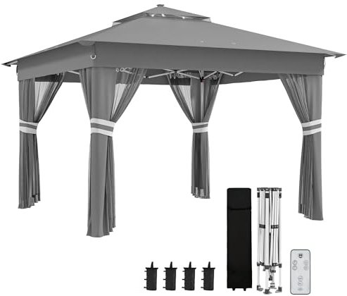 Outsunny Faltpavillon ca. 3 x 3 m, Pavillon mit LED, 4 Netzvorhängen, Seitenwand, Gartenpavillon mit Wassersack, Doppeldach, Tragetasche, für Balkon, Terrasse, Dunkelgrau