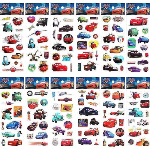 McQueen Cars Aufkleber, Racing Sticker, 12 Blätter 3D Wasserdicht Sticker Ubephant Auto Lightning McQueen Skateboard Gepäck Aufkleber Partytütenfüllung Mehrere Muster für Kinder Geburtstag Deko