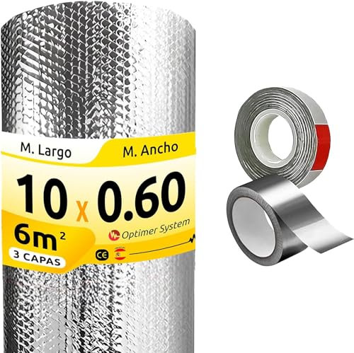 AISLANTE TERMICO MULTIUSOS PREMIUM| Reduce el Frio y el Calor | Rollo Aislante Termico para Ventana, Pared, Suelo, Techo, Coche, Garaje,Camper (10x0.6m | 6m² + 2 cintas adhesivas)