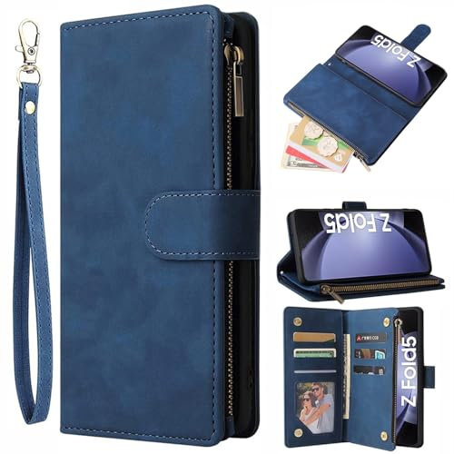 Asuwish Handyhülle für Samsung Galaxy Z fold 5 5G Hülle mit Kartenfach Klappbar Leder Geldbörse Ständer für ZFold5 Z5 Fold5 Reißverschluss Handyhüllen Wallet Handy Hüllen Schutzhülle Phone Case Blau