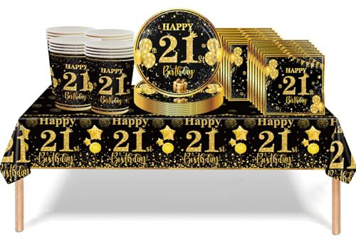 53Pcs Black Gold 21st Birthday Party Tableware Decorations, Table Cloth Plates and Napkins Cups Sets for Him Her Boys Girls Birthday Table Decorations for Gifts Dinnerware