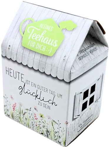 Teegeschenk mit Grußfeld, Teepräsent als Haus, Teehaus 8 Pyramidenbeutel á 3,5g Früchtetee Motiv: Wiese, Heute ist ein guter Tag, um glücklich zu sein- L/B/H 13 x 9 x 7 cm.