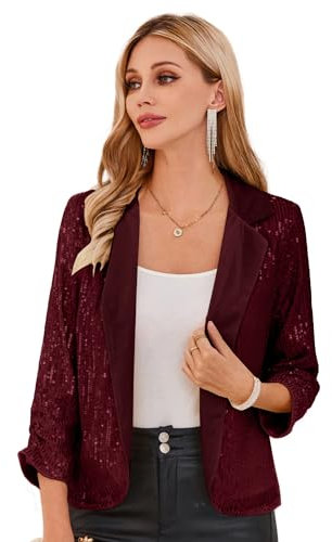 GRACE KARIN Damen Casual Cropped Blazerjacke 3/4 Ärmel Offene Blazer kurz Leicht Jacke Business Mantel Strickjacke Cardigan S Weinrot-Pailletten