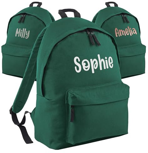 Print Maniacs Personalised School Backpack Large 18L Kids Travel Rucksack Junior Shoulder Collage Rucksack Back To School Girls Boys Lunch Swimming P.E Laptop Book Bag Name (Bottle Green)