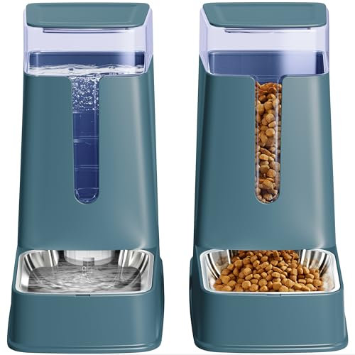 Katzennahrungsspender und Katzentränkespender Set mit Edelstahlschalen Schwerkraft Hundefutter für kleine mittlere große Katze Hund Haustier Welpe Kätzchen, 3,8 l x 2