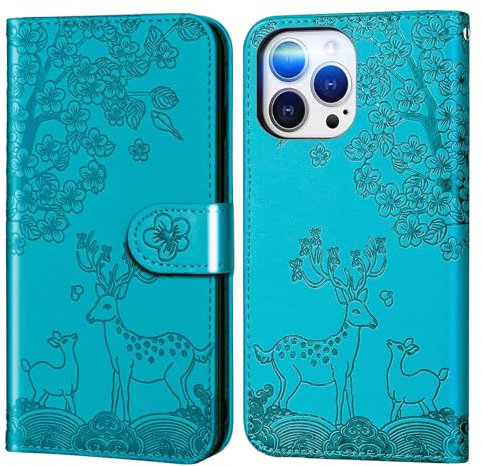 Nbziyoo Phone Case for iPhone 13 Pro, Embossed Deer Floral Animal Flip Wallet Case with Card Slots, Premium Magnetic Protective PU Leather Cover Case for iPhone 13 Pro.Blue