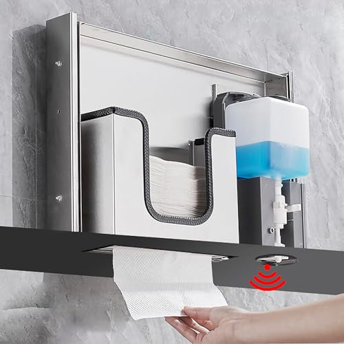 Commercial Embedded Automatic Soap Dispenser, Soap Dispenser Wall Mounted, 2-in-1 Stainless Steel Hidden Mirror 1000ml Sensing Dispenser with Toilet Roll Holder, Touchless Hand Soap Dispenser Liquid