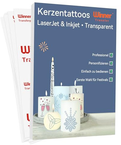 WinnerTransfer Wasserschiebefolie für Kerzen Taufe,A4X10 Sets,Kerzentransferfolie für Laserdrucker/Tintenstrahldrucker, Kerzensticker Kerzentattoos Tattoofolie,Kerzendekopapier(WT-12-10)