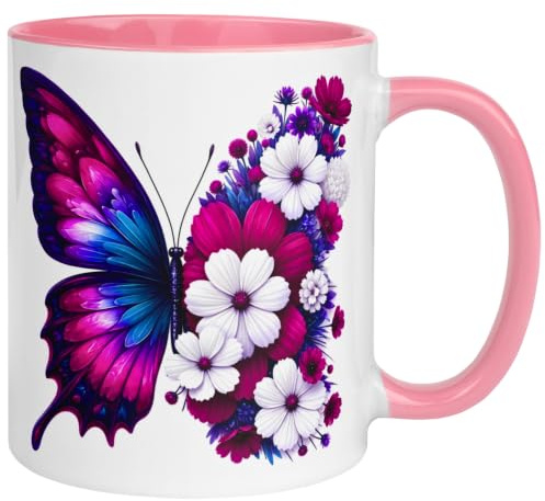 Schmetterling Tasse | Pink Lila Butterfly Weiße Blumen | Blüten Kaffeetasse | Distelblüten Cosmea Nelken Kugelamaranth Kornblumen Margeriten