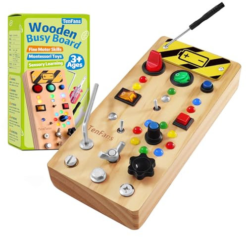 TenFans Montessori Busy Board - Sensorisches Lernspielzeug mit LED-Schalter, Schraubendreher-Tools & Feinmotorik-Aktivitäten für Kinder ab 1 Jahr - Reise-Spielzeug zur Entwicklungskompetenz
