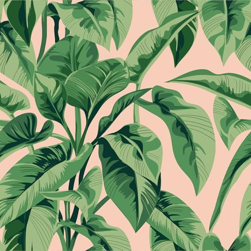 VEELIKE Rosa Tropische Tapete Blätter Palmen Grün Mustertapete Selbstklebende Tapete Schlafzimmer Fototapete Wald Dschungel Wand Dekoration Badezimmer Tapeten Wohnzimmer Muster 44.5 cm x 300 cm