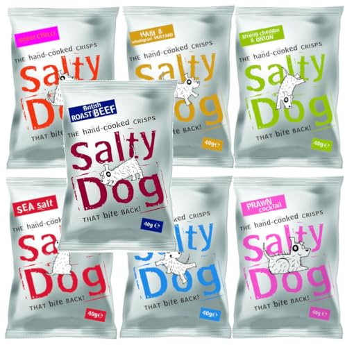 Salty Dog Variety Multipack Crisps Box 28 x 40g | Handcooked Crisps in 7 Flavours Cheddar & Onion, Sea Salt, Salt & Vinegar, Sweet Chilli, Prawn Cocktail, Ham & Mustard, Roast Beef