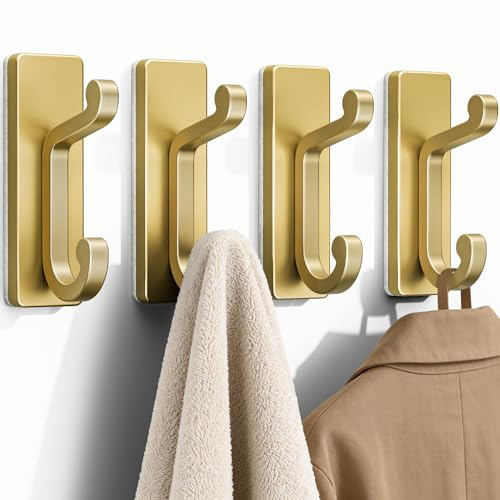 Chinpakden Goldfarbener Selbstklebende Haken – Aufhänger für Mäntel, Handtücher und Bademäntel, Doppelhaken für Tür, Küche, Bad, Dusche, Miethäuser, hält 6 kg, 4 Pack.