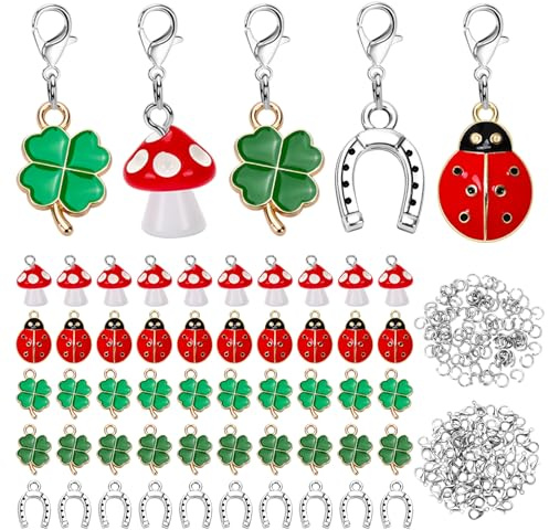 AUGSUN 50 Stücke Glücksbringer Charms Anhänger Set mit Kleeblatt, Marienkäfer, Hufeisen, Pilz für DIY Schmuck, Schlüsselanhänger, Geschenke