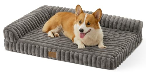 COZY KISS Orthopädisches Kuschelweiches Hundebett Grosse Hunde, 91x69cm | Kunstfell Hundesofa, waschbar, L-förmig mit erhöhtem Rand, wasserdichter & abnehmbarer Cordbezug Hundecouch, rutschfest, Grau