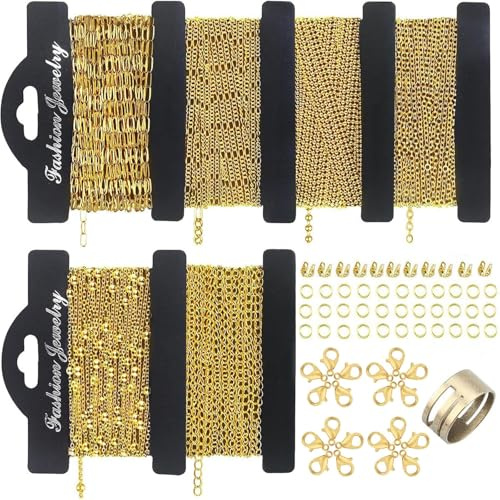 Gold Chain for Jewellery Making, DIY Spool 18K Gold Necklace Bracelet Making Chains with Jump Rings and Lobster Clasps, Women Bracelet Earring Craft DIY Supplies for Chain Making (18K Gold)