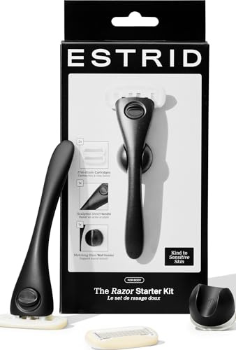 Estrid Rasierer Starterset, Damenrasierer Set mit 5-Klingen System, Veganer Feuchtigkeitsstreifen, 2 Ersatzkleingen, Wandhalterung (Onyx)