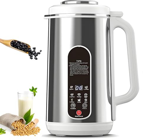 Macchina per Latte di Noci In Acciaio Inossidabile, Macchina per Latte di Soia e Latte Vegetale da 1,2 Litri con Taglierino a 12 Lame, Timer 24 Ore, Funzione di Mantenimento In Caldo e Display