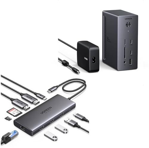 UGREEN Docking Station, 10-in-1 USB C Hub with Dual 4K@60Hz, Single 8K@30Hz, Gigabit Ethernet, 100W PD, 4x 5Gbps USB Data Ports, SD/TF & 14-in-1 Docking Station with 140W Power Supply (2x HDMI +DP)