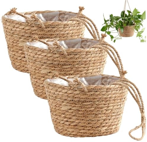 Cestino da appendere per piante da 3 pezzi, cesto da appendere in vimini da 8 x 5 pollici per piante Fioriera intrecciata per interni con corda, cesto per vasi da fiori rustici Boho per ufficio dom