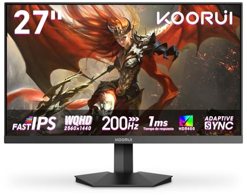 KOORUI 27 Pulgadas Gaming Monitor 200Hz Fast IPS QHD 1ms HDR400 HDMI/DP | Adaptive Sync, DCI-P3 95%, SRGB 99%, inclinación ajustable, QHD 2560x1440, 2K, VESA 75x75mm, para trabajo de oficina o juegos