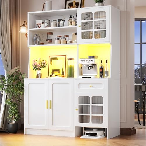 Merax Küchenschrank Buffetschrank, Sideboard mit LED, Küchenbuffet Vorratsschrank mit Arbeitsplatte, Glastüren, Schublade, Offene Fächer, Mehrzweckschrank für Wohnzimmer Küche, Moderner Stil, Weiß