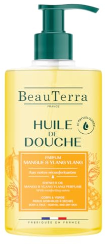 BeauTerra - Huile de Douche - Idéale Peaux Sèches - Corps & Visage - Sans Savon - 93% d'Origine Naturelle - Fabriqué en France - parfum Mangue & Ylang-Ylang - Flacon Pompe 750 ml