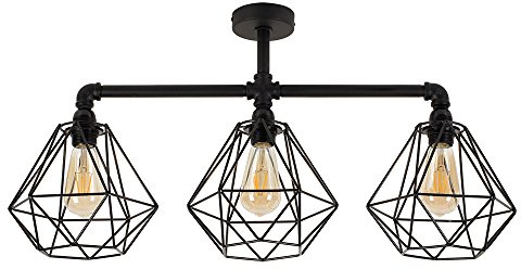 MiniSun | Industrial Steampunk Satin Black 3 Way Bar Pipework Ceiling Light with Basket Cage Black Metal Shades | Pendant Lights, Home Décor & Improvement Essential | Mains Wired