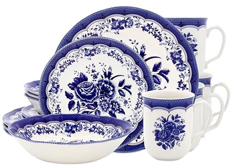 Tudor Royal 16-Piece Porcelain Round Dinnerware Set, Service for 4, Victoria Blue Design, Blue Floral, Plates Bowls Dishes, Glossy, Premium Quality Tableware, Unique Pattern