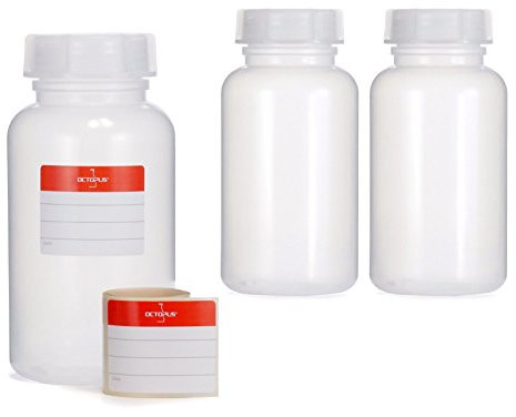 Octopus 3x 500 ml Weithalsflaschen aus LDPE mit Schraubverschluß, leere Chemiekalienflaschen, Laborflaschen mit Deckel als Aufbewahrungsbehälter für Labor, Küche oder Hobby