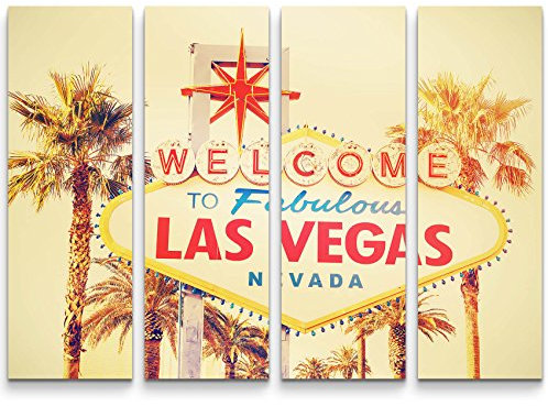 Paul Sinus Art Leinwandbilder | Bilder Leinwand 130x90cm 4 Teile Willkommen in Las Vegas Schild
