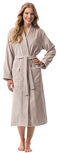 Morgenstern Peignoir de Bain Femme Éponge Coton Taille L Beige 2 Poches et Ceinture Doux, Absorbant et Confort