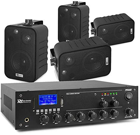 Power Dynamics BV40V 4 Black Wall Speaker System & PPA502 Mixer-Amplifier, 4 Speaker PA Kit for Background Music in Restaurants, Shops & Cafés, 2-Zone 100V Mixer, Bluetooth, USB Playback