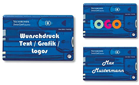 Victorinox Swiss Card Quattro mit Wunschdruck I Geschenk für Männer I Geschenke zum Geburtstag I Schweizer Taschenmesser personalisiert 12 Funktionen (blau transparent)