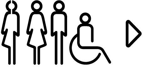 WC Schild Set: Herren, Damen, Unisex, Rollstuhl mit Richtungspfeil (selbstklebend), Schwarz