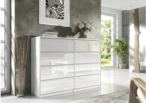 3xE Living Kommode 140 cm mit 8 Schubladen in Weiß/Weiß in Hochglanz