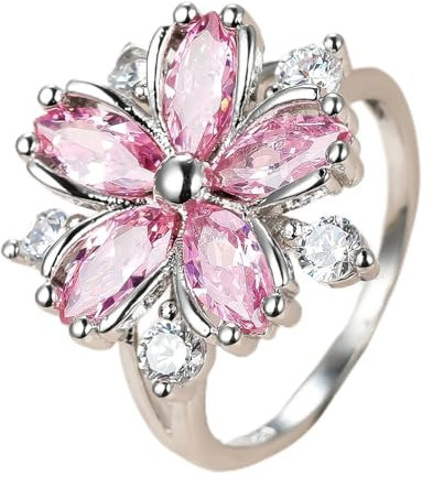 SHIYONG Anello in pietra di cristallo rosa con ciondolo in argento con anelli di nozze sottili per le donne Anello di fidanzamento con zircone fiore sposa delicato