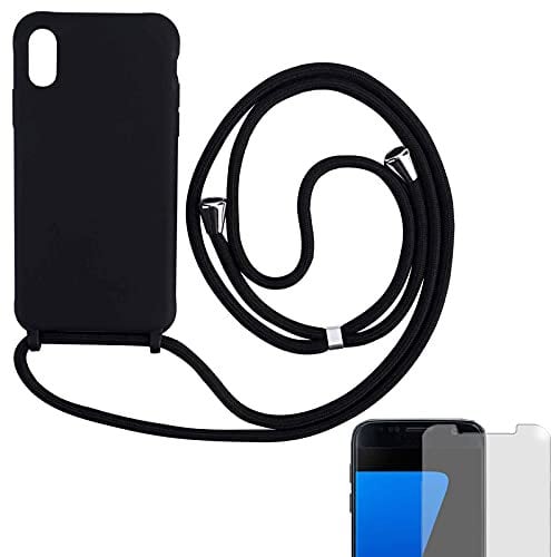 Eximmobile Hülle mit Band + 9H Panzerfolie Kompatibel mit Samsung Galaxy A21s in Schwarz Handykette Rubber Handyhülle mit Kette für Smartphone Schutzhülle mit Kordel Case Matt