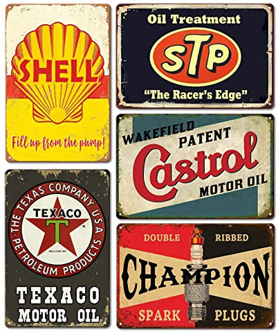 Lot de 5 panneaux vintage en métal pour garage, décorations murales pour hommes, affiches de magasin de voitures anciennes, panneaux de station pétrolière et d'essence, décoration de grotte d'homme,